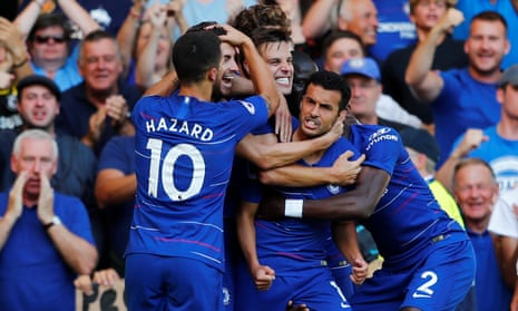 Pedro celebrates scoring Chelsea’s first goal against Bournemouth.