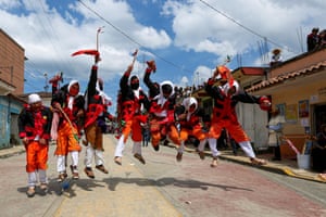 San Juan Chamula, Mexico. Members of the Indigenous Tzotzil community perform a dance during the last day of the carnival known as K’in Tajimoltic