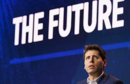 Sam Altman below a sign reading ‘the future’