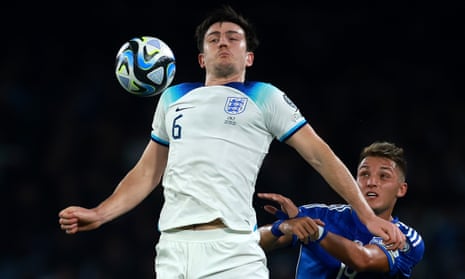 Harry Maguire controls the ball while under pressure from Italy’s Mateo Retegui on Thursday