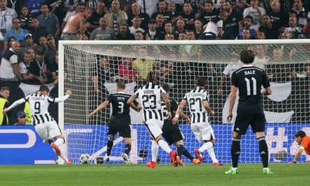 Álvaro Morata scoring for Juventus against Real Madrid in the Champions League semi-final in 2015.