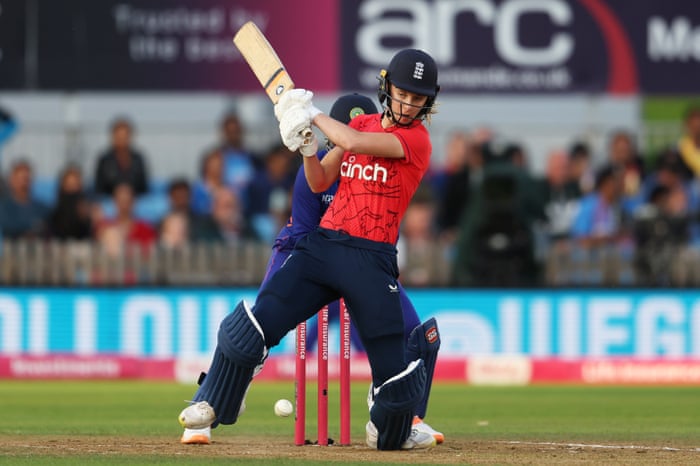 England v India: second women’s T20 cricket international – live updates | Twenty20 2 Freya Kemp of England strikes the ball.