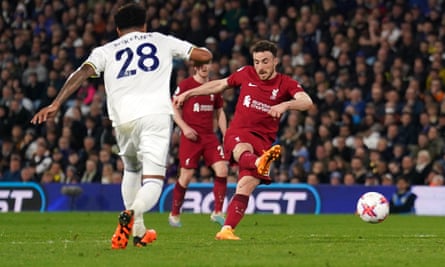 Diogo Jota scores Liverpool’s fifth goal against Leeds.