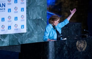 Marine biologist Sylvia Earle speaks at a special event in the United Nations General Assembly Hall in New York to commemorate World Oceans Day on 8 June