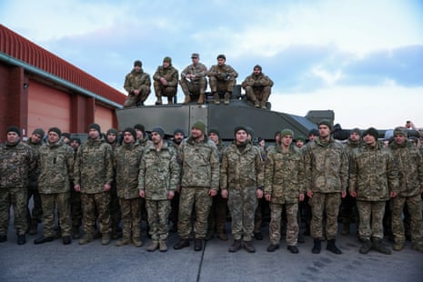 Tank crews from Ukraine’s armed forces being trained by members of the British army in Lulworth Camp.