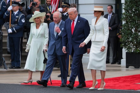 Queen Camilla, King Charles III, U.S. President Donald Trump and First lady Melania Trump attend a state arrival ceremony on the South Lawn of the White House on April 28, 2026 in Washington, DC.