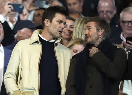 Birmingham City co-owner Tom Brady (left) chats with David Beckham in the stands before the League One match against Wrexham at St Andrew’s in September 2024.