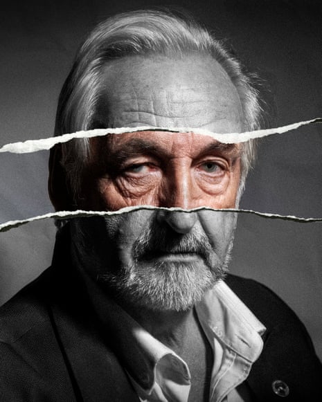 Black and white headshot of crime writer Christopher Berry-Dee, with a section ripped across to show the middle of his face in colour