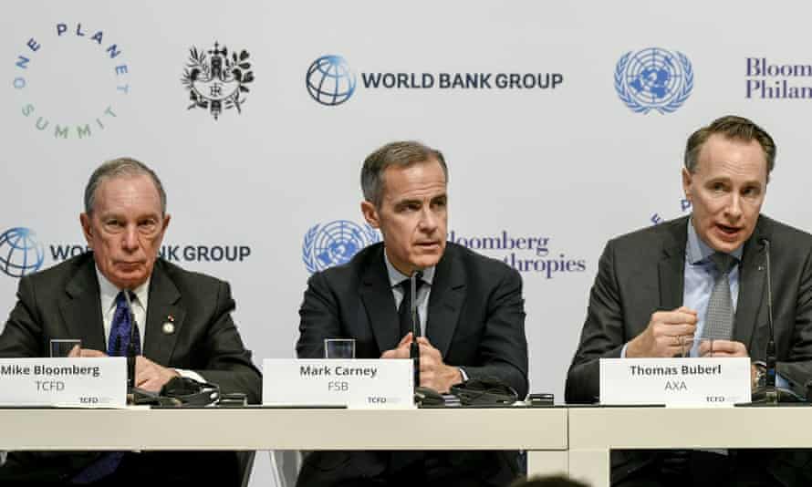 From left: Michael Bloomberg, Mark Carney and Axa chief executive Thomas Buberl at the One Planet Summit.