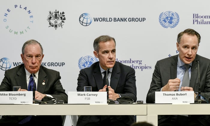 Mark Carney (centre) alongside Michael Bloomberg (left) and AXA CEO Thomas Buberl.