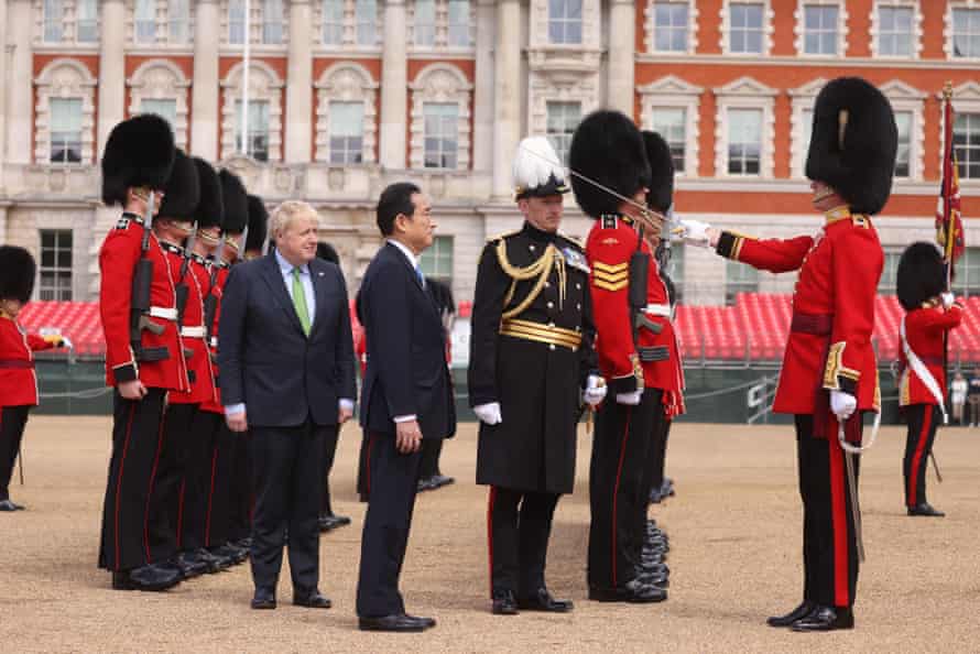 Boris Johnson with the Japanese PM, Fumio Kishida, inspecting a guard of honour in Horse Guards Parade this morning