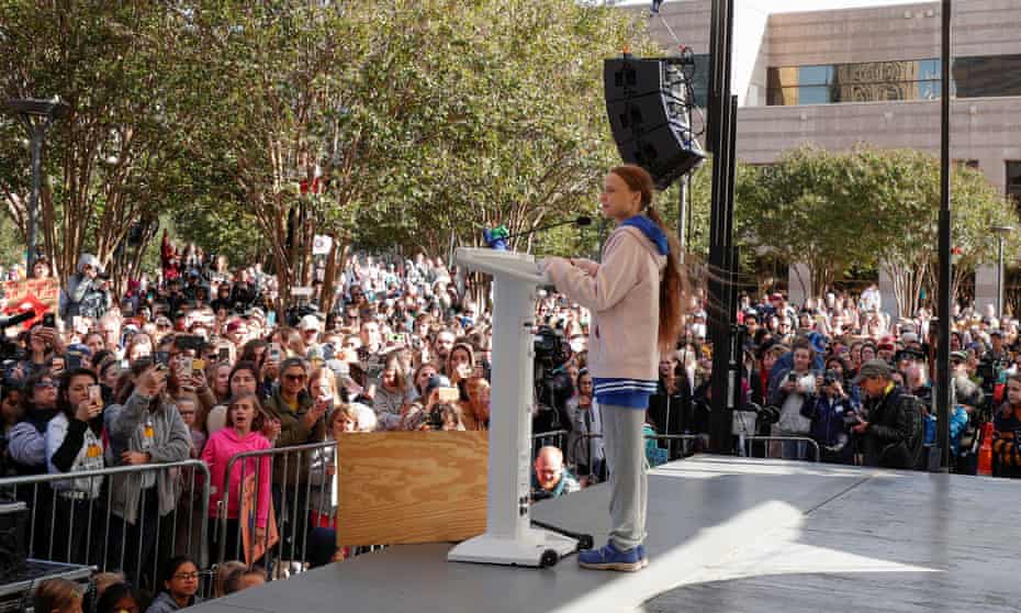 Swedish teen environmental activist Greta Thunberg speaks at a climate change rally in Charlotte, North Carolina, on 8 November.