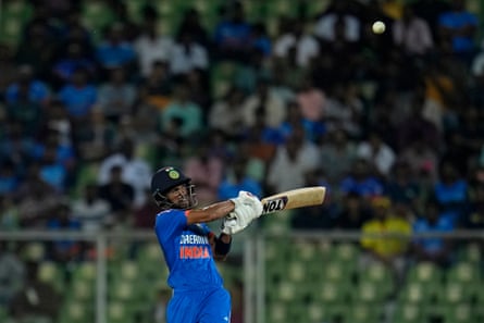 India’s Ruturaj Gaikwad belts a boundary.