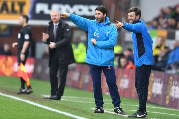 Danny Cowley, left, and his brother Nicky direct their Lincoln players during the remarkable FA Cup fifth-round win at Burnley.