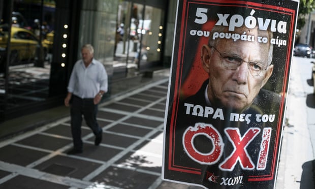 Poster in Athens picturing Germany’s finance minister, Wolfgang Schäuble, reads ‘Five years he sucks your blood – now say no to him.”