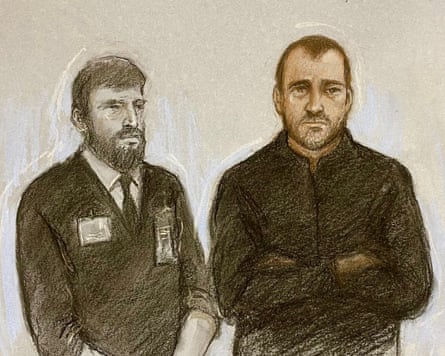 A court artist sketch of a man in court standing next to a guard.