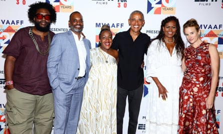 Questlove, Floyd Rance, Stephanie T Rance, Barack Obama, Michelle Obama and Margaret Brown attend the premiere of Descendant during the Martha’s Vineyard African-American film festival.