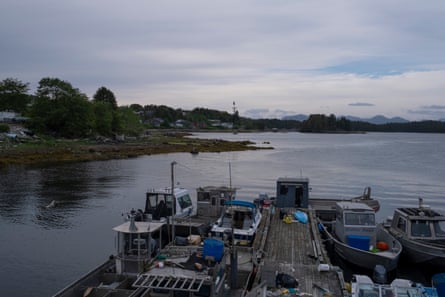 a coastal landscape with a small port