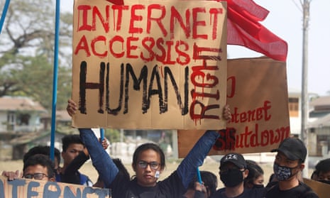 Students protest against the internet ban in Rakhine, Myanmar.