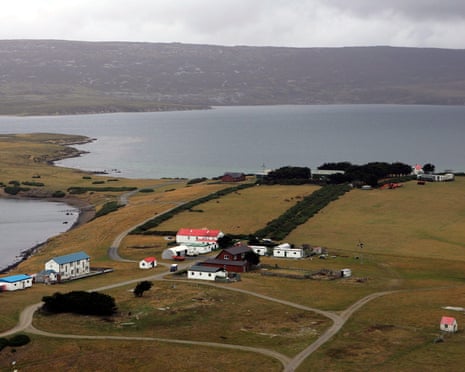 Aerial view of San Carlos, Falkland Islands