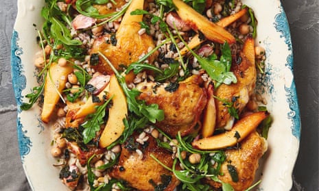 Thomasina Miers’ roast chicken thighs with roast quince, barley and chickpea salad.