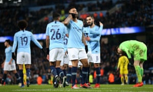 Gabriel Jesus celebrates the fifth of Manchester City’s nine goals against Burton Albion in the Carabao Cup semi-final of 2018-19.