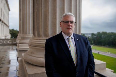 Gavin Robinson on a balcony at Parliament Buildings, Stormont.