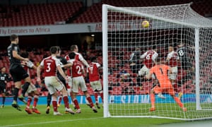 Pierre-Emerick Aubameyang’s header skims into the Arsenal net as he scores the own goal that led to Burnley’s victory.