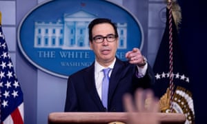 Steven Mnuchin takes a question during a news conference on jobs figures on Thursday.
