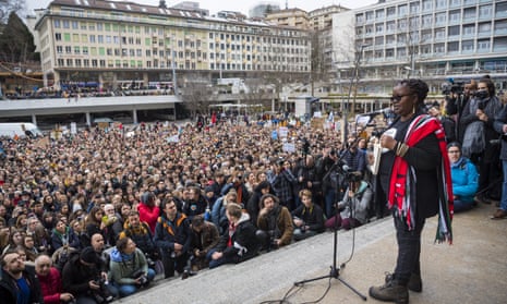The inequality activist Njoki Njehu speaks to the crowd in Lausanne, Switzerland, after a protest to highlight the lack of climate awareness.