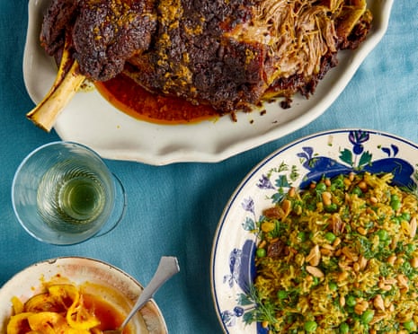 Sami Tamimi's slow cooked lamb with spicy pickled lemon and Ruz mfalfal (jewelled Easter rice).