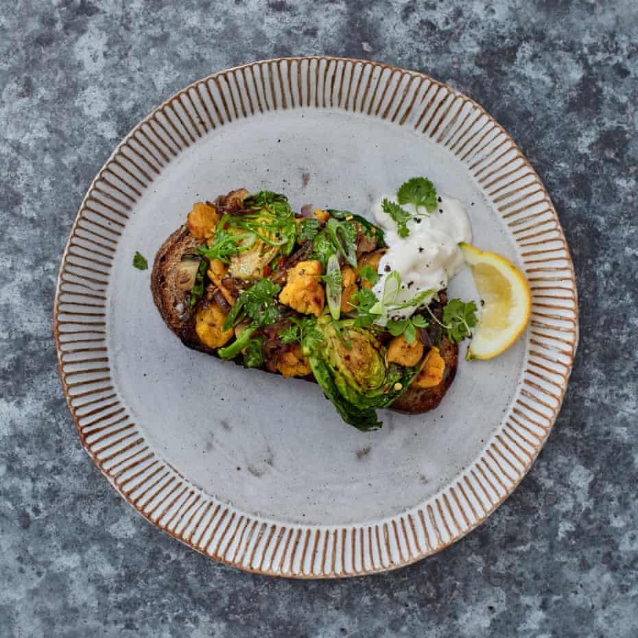 Tom Hunt’s vegan scramble with curried potato and sprout tops