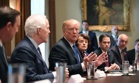 Trump Meets With Congress On Gun Safety At The White House<br>U.S. President Donald Trump makes a comment as he meets with bipartisan congress members to discuss gun safety and school safety in the Cabinet Room of the White House in Washington, DC on February 28, 2018. The president said he would help get a joint bill passed. Photo by Pat Benic/UPIPHOTOGRAPH BY UPI / Barcroft Images