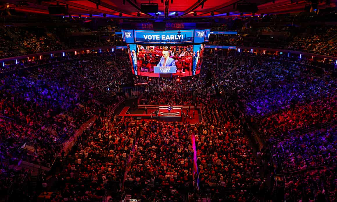 Angled overhead view of Madison Square Garden as Donald Trump speaks