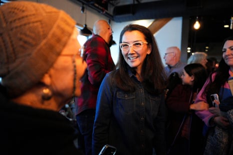 Mary Peltola speaks with a supporter