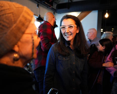Mary Peltola speaks with a supporter
