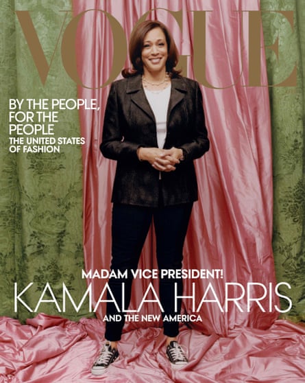US Vice president-elect Kamala Harris against colors inspired by those of her Howard university sorority, Alpha Kappa Alpha on the February 2021 cover of Vogue magazine.