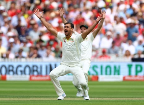 Mitchell Starc appeals unsuccessfully for the lbw of Zak Crawley. It was close.