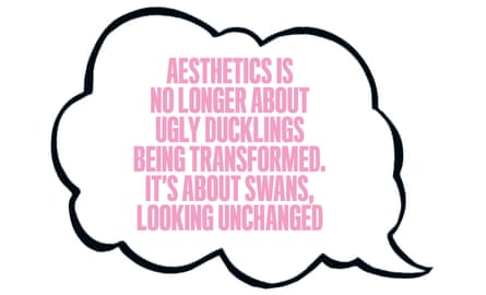 A speech bubble with the words: Aesthetics is no longer about ugly ducklings being transformed. It's about swans, looking unchanged