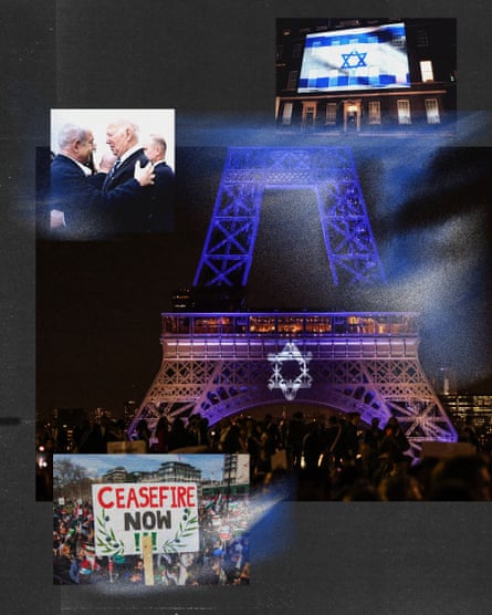 Photo composite including Joe Biden greeting Benjamin Netanyahu, protesters calling for a ceasefire, and the Star of David projected on to the the Eiffel Tower