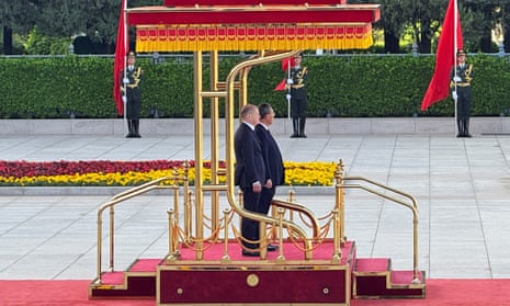Olaf Scholz attends a welcome ceremony with Chinese Premier Li Qiang outside the Great Hall of the People in Beijing, China.