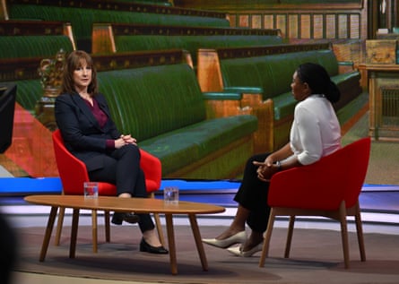 Rachel Reeves sitting opposite Kemi Badenoch on Laura Kuenssberg's BBC programme