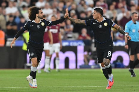 Enzo Fernandez (right) celebrates after scoring Chelsea’s third goal with Marc Cucurella at West Ham.