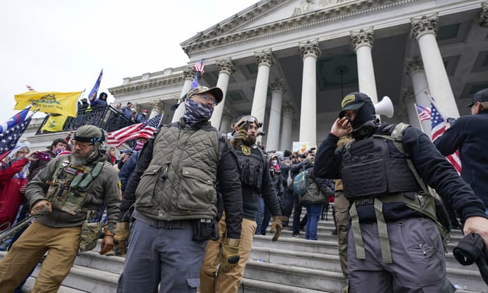 Members of the Oath Keepers on the East Front of the U.S. Capitol on Jan. 6, 2021, in Washington.