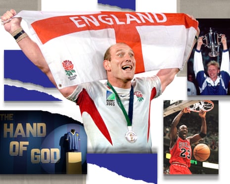 Composite image of an Argentina shirt worn by Diego Maradona during the 1986 World Cup, Lawrence Dallaglio in Sydney 2003, Boris Becker with the US Open trophy in 1989, Michael Jordan during the 1998 NBA finals