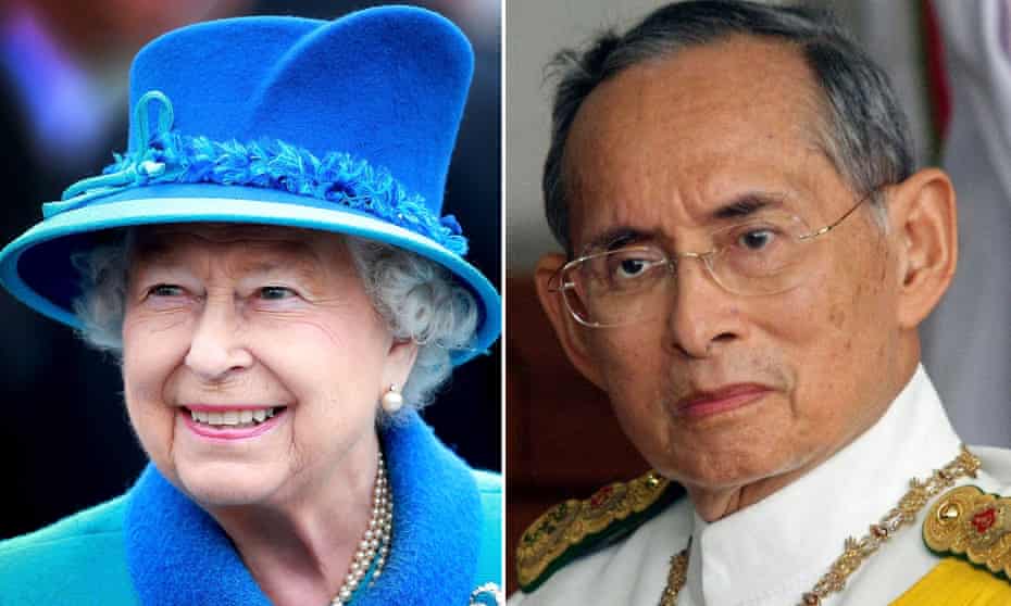 Queen Elizabeth II and King Bhumibol Adulyadej of Thailand, right.