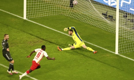 RB Leipzig’s Amadou Haidara scores his side’s second goal.