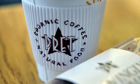 Branded cup and sandwich in a Pret a Manger store.
