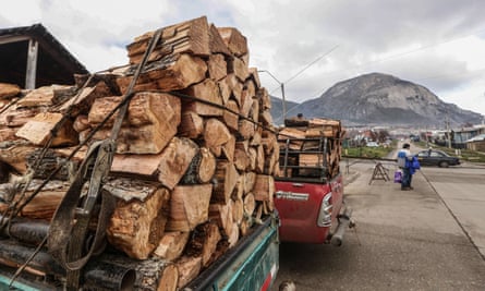 Firewood loaded on to trucks in downtown Coyhaique.