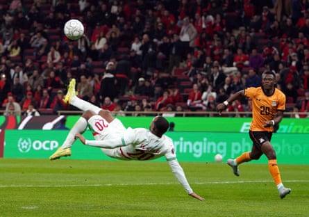 Ayoub El Kaabi scores a spectacular goal for Morocco against Zambia.